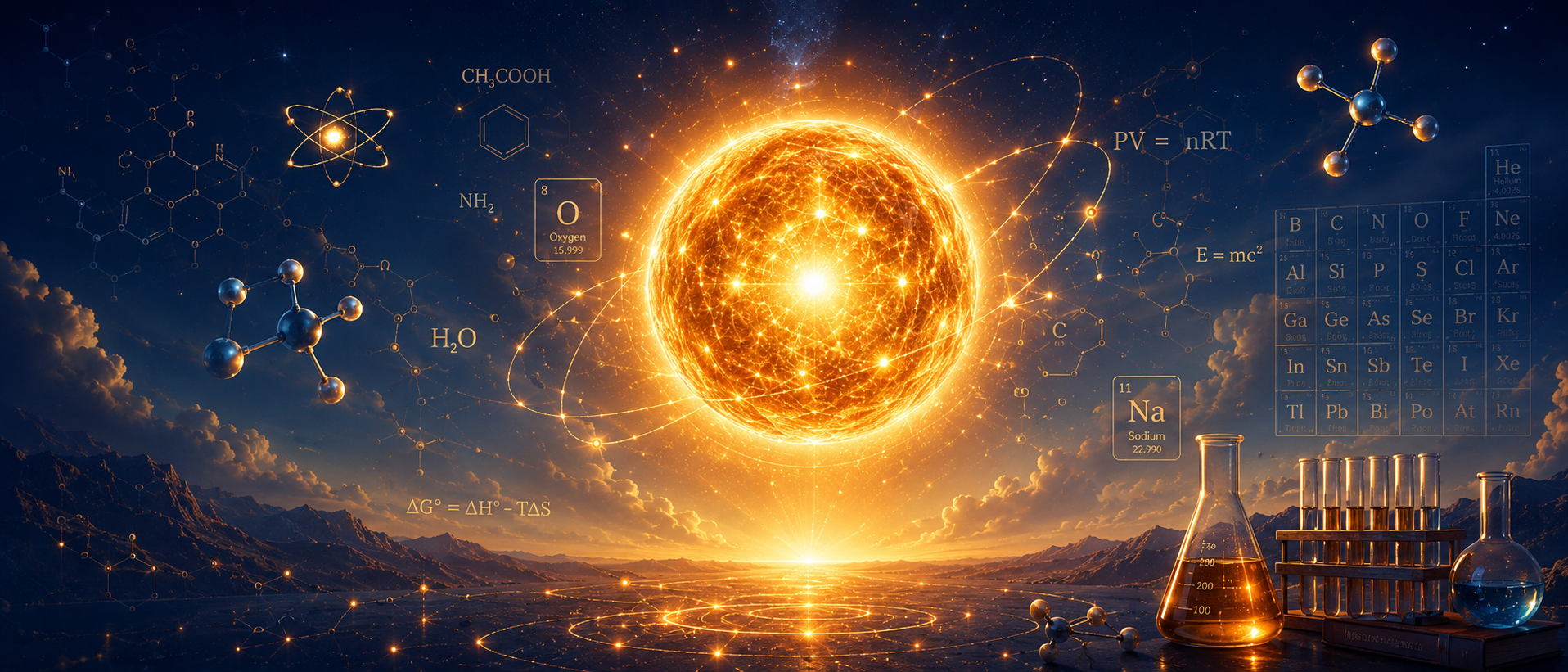 Glowing Chemistry formulas and lab glassware for Fusion Tuition O Level Chemistry
