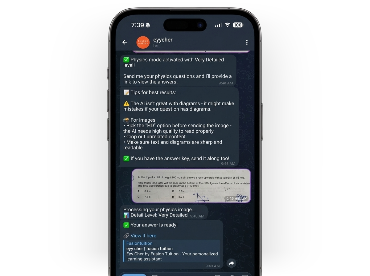 EyyCher answering a physics question in Telegram