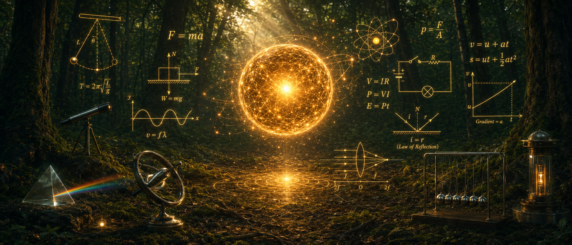 Glowing Physics formulas and science instruments for Fusion Tuition O Level Physics